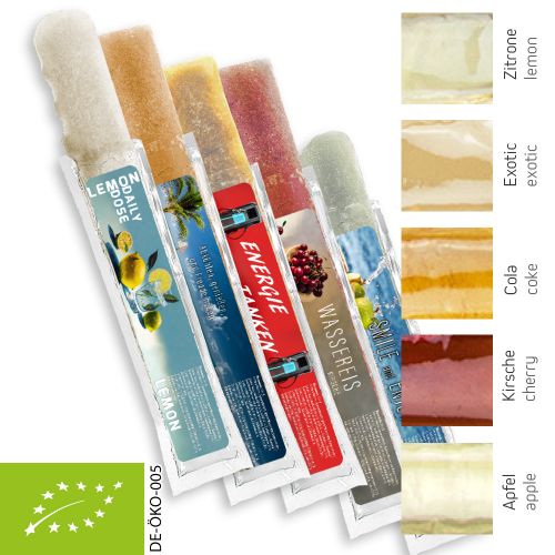Bio Wassereis im 5er Sortenmix (Apfel, Kirsche, Cola, Exotic, Zitrone), 30 ml, Express Schlauchtüte mit Etikett