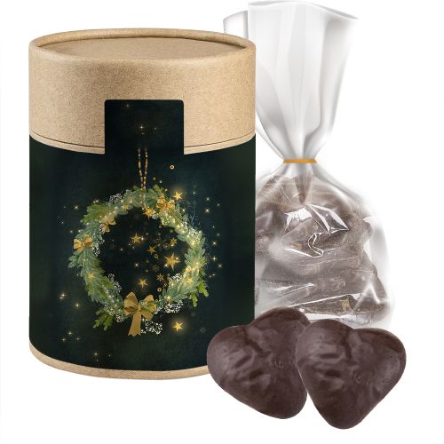 Lebkuchen Schokoherzen gefüllt, ca. 100g, Beutel in Kraftpapierdose Maxi