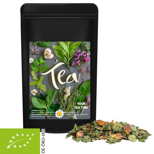 Bio Kräutertee Glücksgefühle, ca. 35g, Standbeutel Midi schwarz