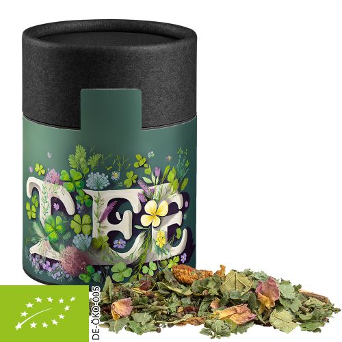 Bio Kräutertee Glücksgefühle, ca. 30g, Kraftpapierdose Midi schwarz