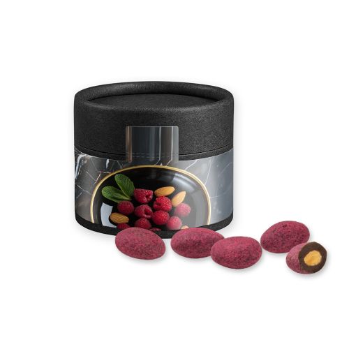 Zartbitter-Himbeer Mandeln, ca. 40g, Kraftpapierdose Mini schwarz