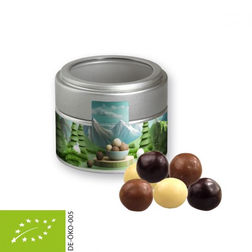 Bio Knusperkugeln-Mix, ca. 45g, Metalldose Mini mit Sichtfenster silber