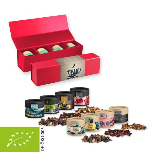 Verschiedene Weihnachts Teesorten, Bio und nicht-Bio, ca. 80-120g, Geschenk-Set Premium rot mit Magnetverschluss und 4 Kraftpapierdosen Mini