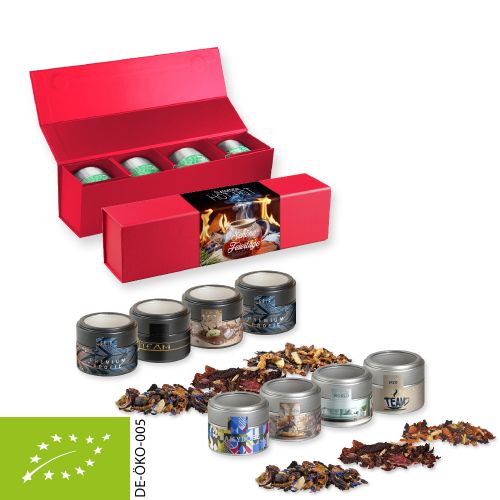 Verschiedene Weihnachts Teesorten, Bio und nicht-Bio, ca. 120-140g, Geschenk-Set Premium rot mit Magnetverschluss und 4 Metalldosen Mini mit Sichtfenste