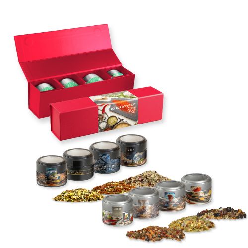 Verschiedene Weihnachts Gewürzmischungen, ca. 120-140g, Geschenk-Set Premium rot mit Magnetverschluss und 4 Metalldosen Mini mit Sichtfenste