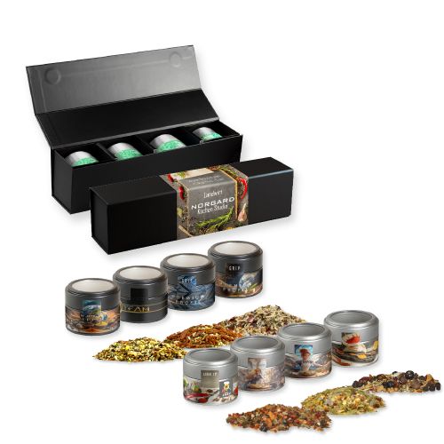 Verschiedene Weihnachts Gewürzmischungen, ca. 120-140g, Geschenk-Set Premium schwarz mit Magnetverschluss und 4 Metalldosen Mini mit Sichtfenster