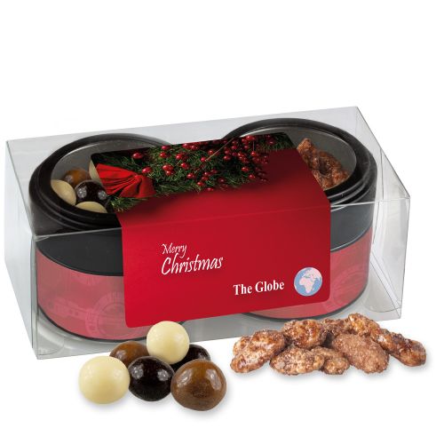 Knusper Weihnachtsset mit feuergebrannten Mandeln und Knusperkugeln im MIx, ca. 105g, Metalldose Mini mit Sichtfenster im 2er Set