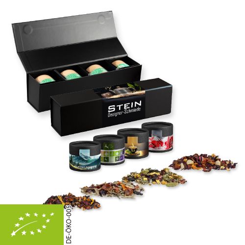Verschiedene Teesorten, Bio und nicht-Bio, ca. 60-140g, Geschenk-Set Premium schwarz mit Magnetverschluss und 4 Kraftpapierdosen Mini