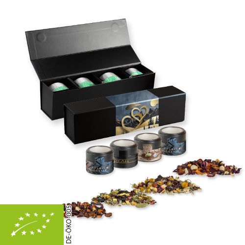 Verschiedene Teesorten, Bio und nicht-Bio, ca. 60-140g, Geschenk-Set Premium schwarz mit Magnetverschluss und 4 Metalldosen Mini mit Sichtfenster