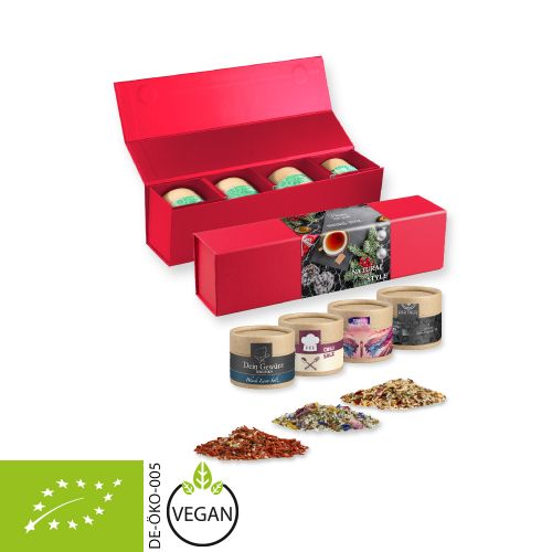 verschiedene Gewürzmischungen Bio und nicht Bio (Kategorie 1), ca. 120-300g, Geschenk-Set Premium rot mit Magnetverschluss und 4 Kraftpapierdosen Mini