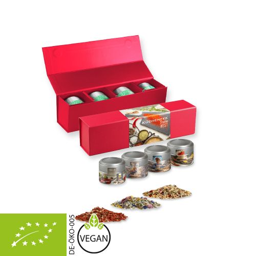 verschiedene Gewürzmischungen Bio und nicht Bio (Kategorie 1), ca. 160-440g, Geschenk-Set Premium rot mit Magnetverschluss und 4 Metalldosen Mini mit Sichtfenste