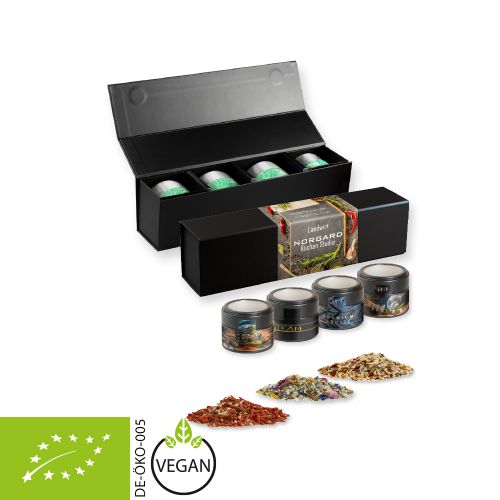 verschiedene Gewürzmischungen Bio und nicht Bio (Kategorie 1), ca. 160-440g, Geschenk-Set Premium schwarz mit Magnetverschluss und 4 Metalldosen Mini mit Sichtfenster