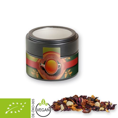 Bio Früchtetee gute Laune, ca. 30g, Metalldose Mini mit Sichtfenster schwarz