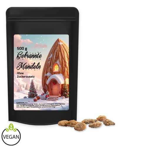 Feuergebrannte Mandeln ohne Zuckerzusatz, ca. 500g, Standbeutel Maxi schwarz