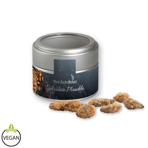 Feuergebrannte Mandeln ohne Zuckerzusatz, ca. 60g, Metalldose Mini mit Sichtfenster silber